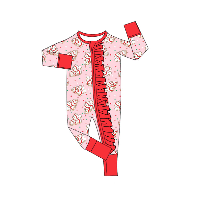 Baby Girls Pink Christmas Trees Stars Zipper Footie Rompers Preorder