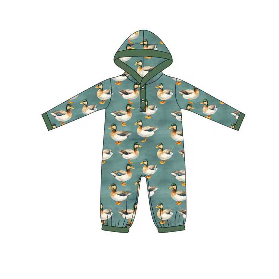 Baby Boys Green Button Ducks Plaid Hoodie Footie Rompers Preorder