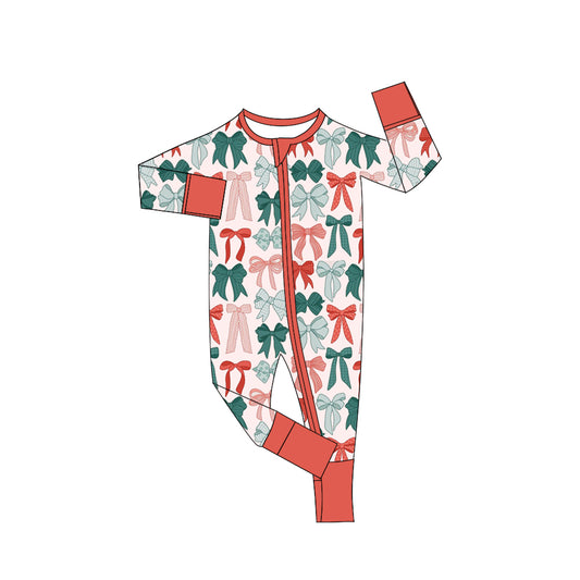 Baby Girls Long Sleeve Green Red Bows Merry Christmas Zipper Footie Rompers Preorder