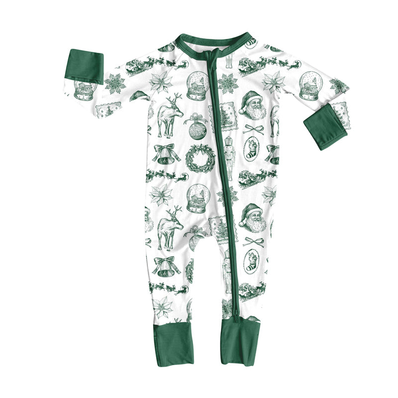 Baby Girls Long Sleeve Green Santa Deer Christmas Zipper Footie Rompers Preorder
