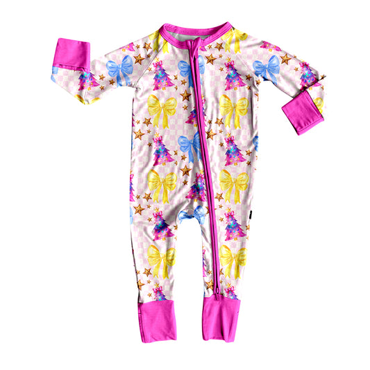 Baby Girls Pink Checked Trees Bows Christmas Zipper Footie Rompers Preorder