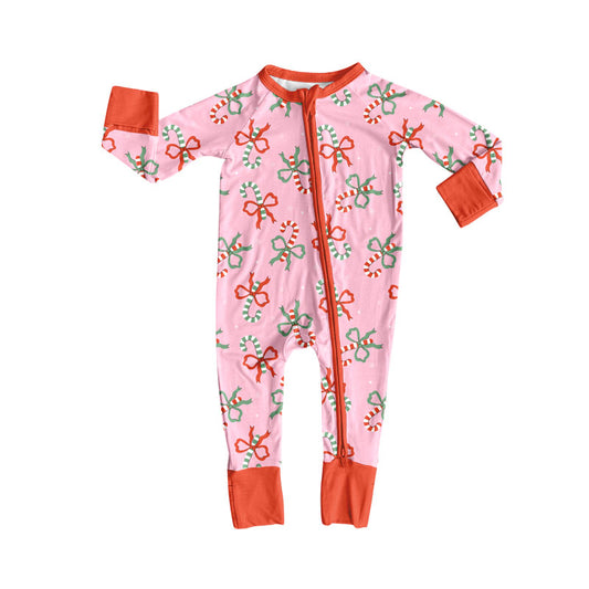 Baby Girls Long Sleeve Candy Cane Bows Christmas Zipper Footie Rompers Preorder