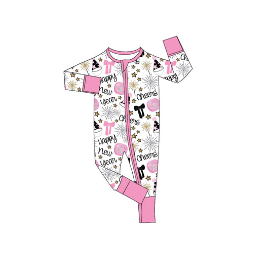Baby Girls Pink Bows Balls Happy New Year Zipper Footie Rompers Preorder