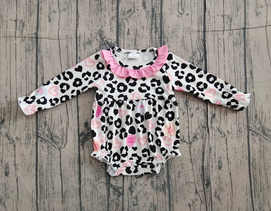 Baby Girls Leopard Hearts Valentine Ruffle Collar Rompers Preorder