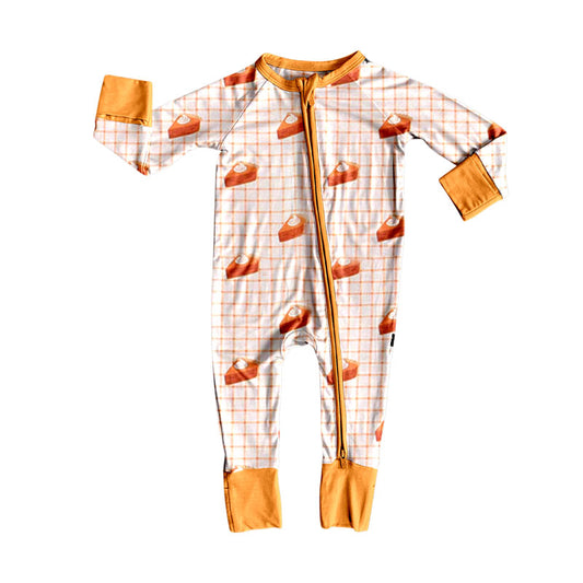 Baby Boys Orange Checked Pie Thanksgiving Zipper Footie Rompers Preorder