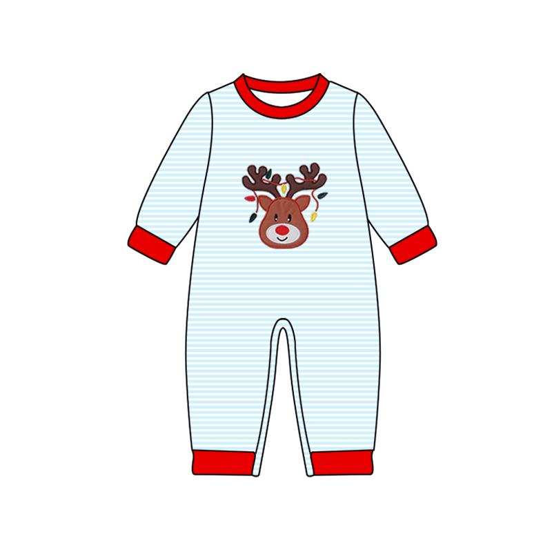 Baby Boys Blue Stripe Deer Lights Christmas Footie Rompers Preorder