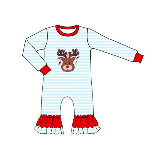 Baby Girls Blue Stripe Deer Lights Christmas Ruffle Footie Rompers Preorder