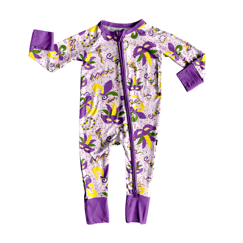 Baby Girls Mardi Gras Masks Anchors Zipper Footie Rompers Preorder
