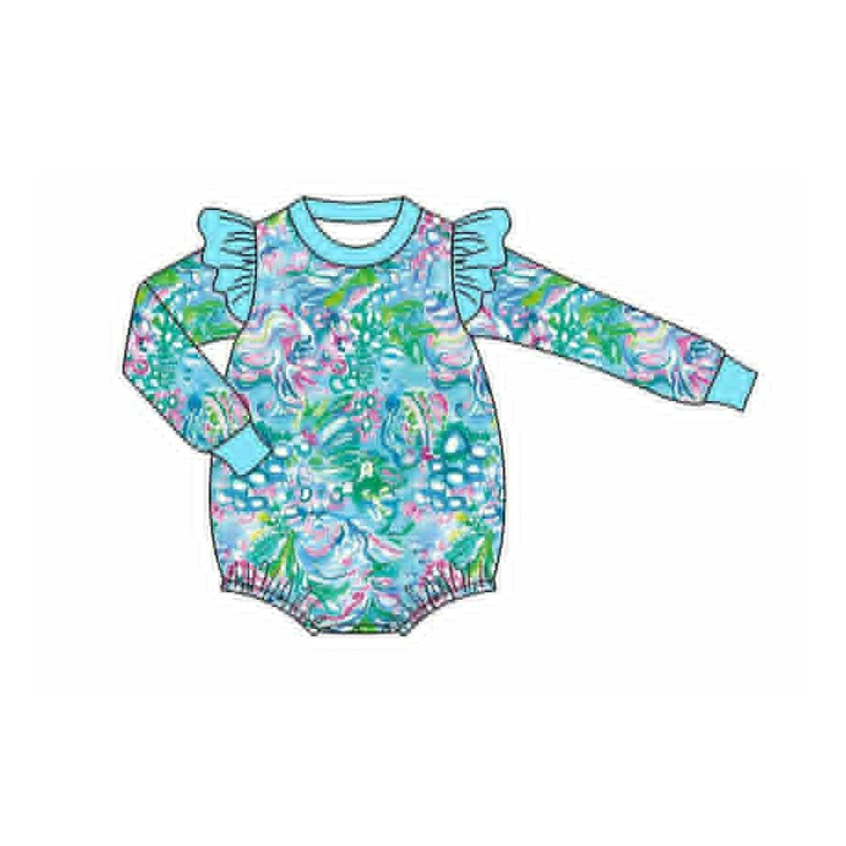 Baby Girls Blue Watercolor Floral Ruffle Sleeve Rompers Preorder
