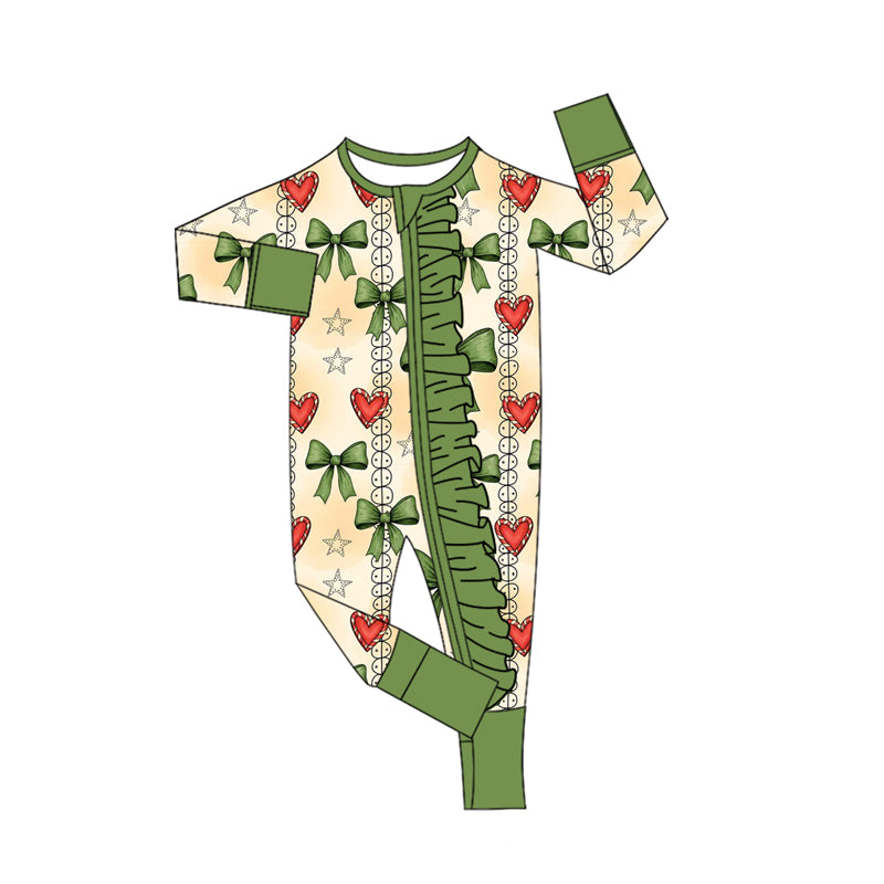 Baby Girls Green Red Hearts Bows Christmas Ruffle Zipper Footie Rompers Preorder