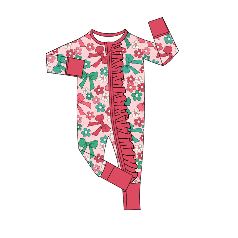 Baby Girls Green Red Flowers Bows Christmas Ruffle Zipper Footie Rompers Preorder