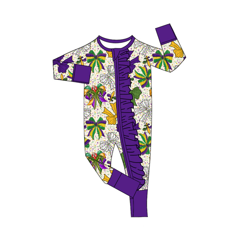 Baby Girls Mardi Gras Anchors Bows Christmas Ruffle Zipper Footie Rompers Preorder