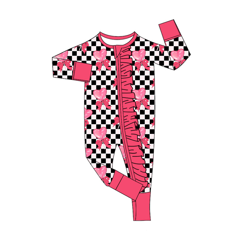 Baby Girls Black Checked Hearts Bows Valentine Ruffle Zipper Footie Rompers Preorder