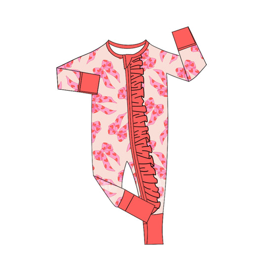 Baby Girls Hearts Bows Valentine Ruffle Zipper Footie Rompers Preorder