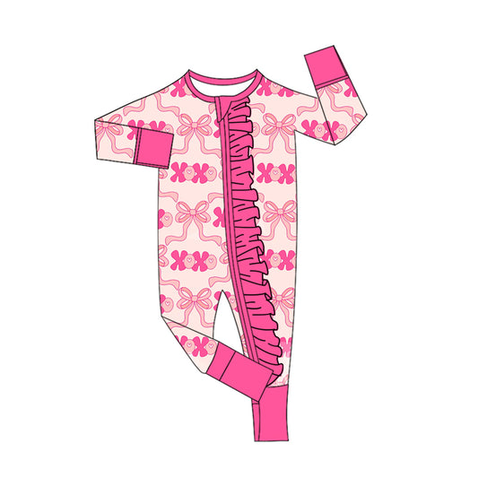 Baby Girls Bows XOXO Checked Valentine Ruffle Zipper Footie Rompers Preorder