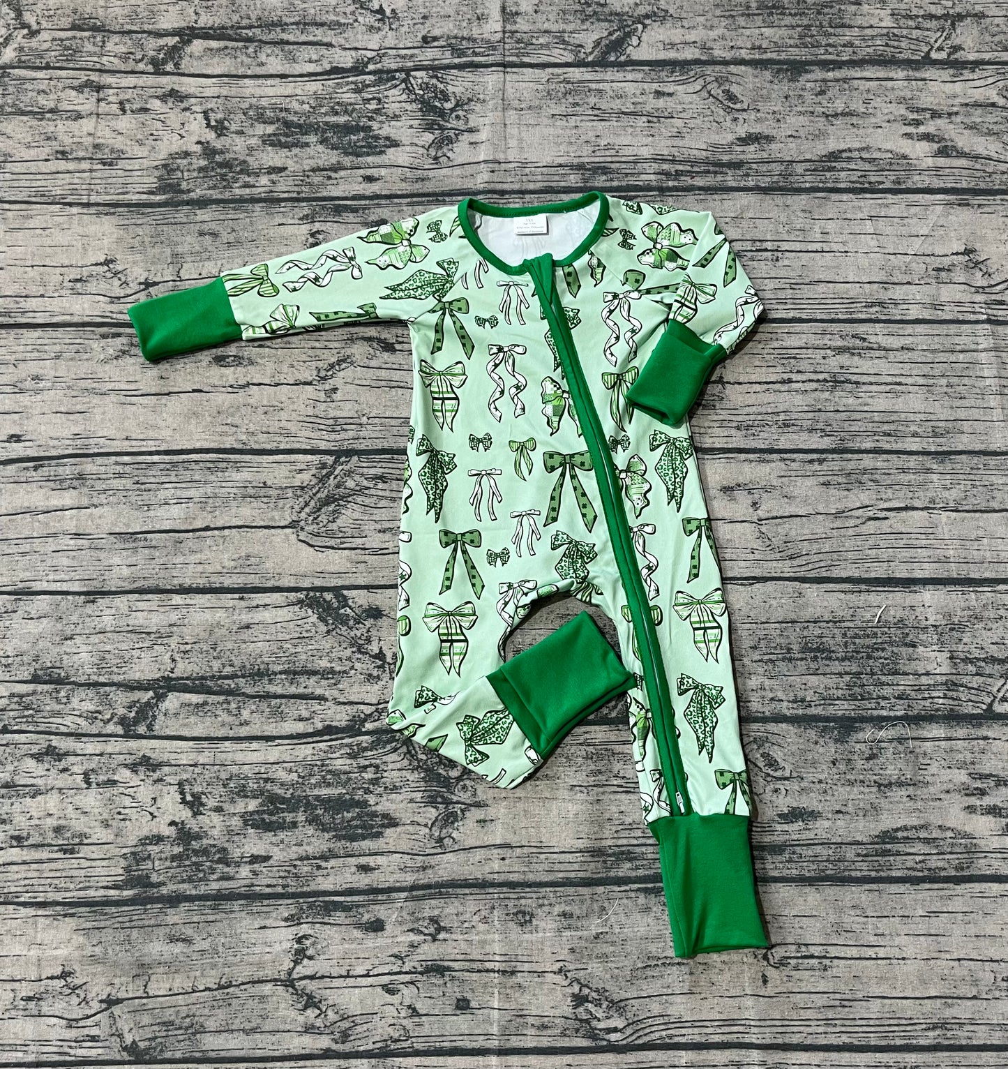 Baby Boys Green Clover Bows St Patrick Zipper Footie Rompers