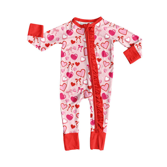 Baby Girls Pink Hearts Bows Valentine Ruffle Zipper Footie Rompers Preorder