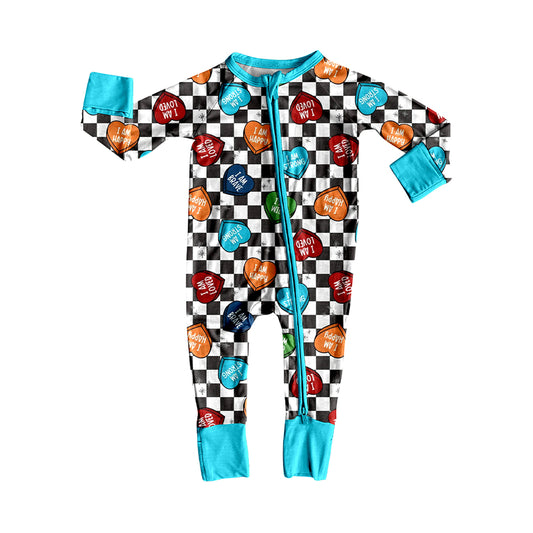 Baby Boys Black Checked Hearts Valentine Zipper Footie Rompers Preorder
