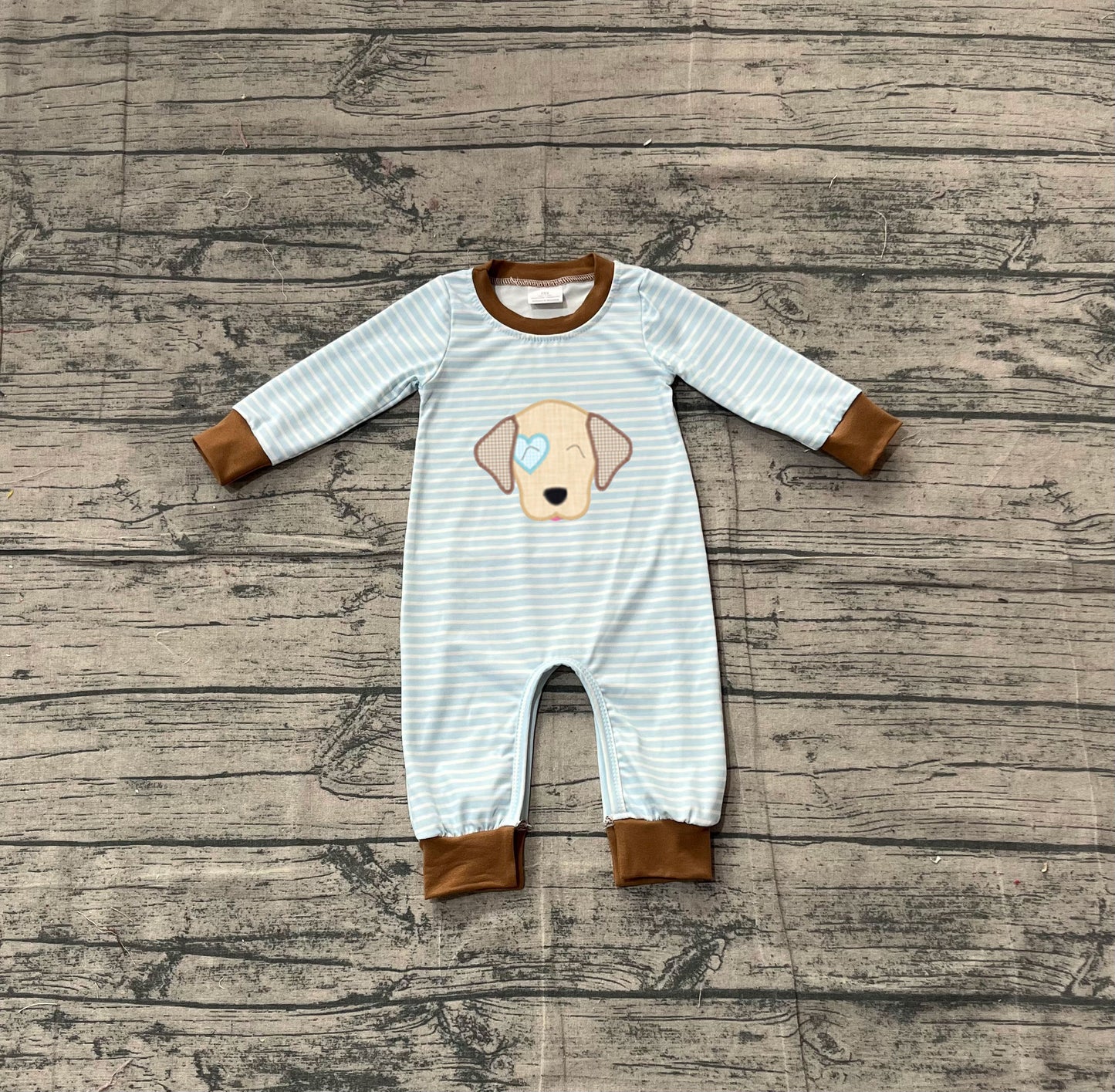 Embroidery Heart Dog Baby Boys Blue Stripe Valentines Footie Rompers Preorder