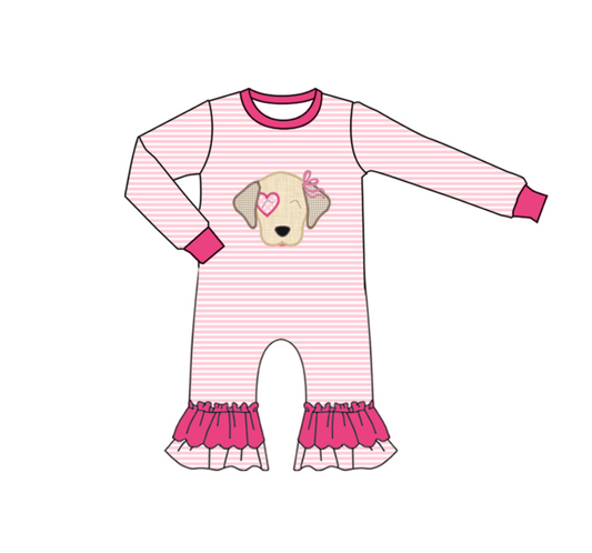 Baby Girls Pink Stripe Heart Dog Valentine Ruffle Footie Rompers Preorder