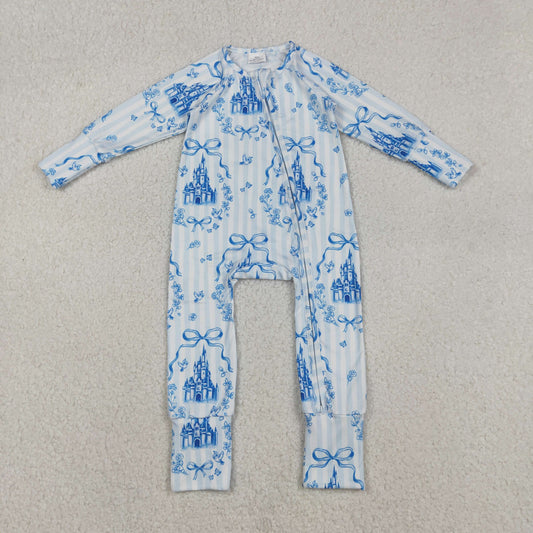 USA Shop Baby Girls Blue Stripe Bows Castles Two Way Zip Convertible Rompers