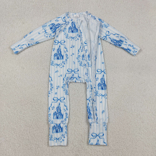 USA Shop Baby Girls Blue Stripe Bows Castles Two Way Zip Convertible Rompers
