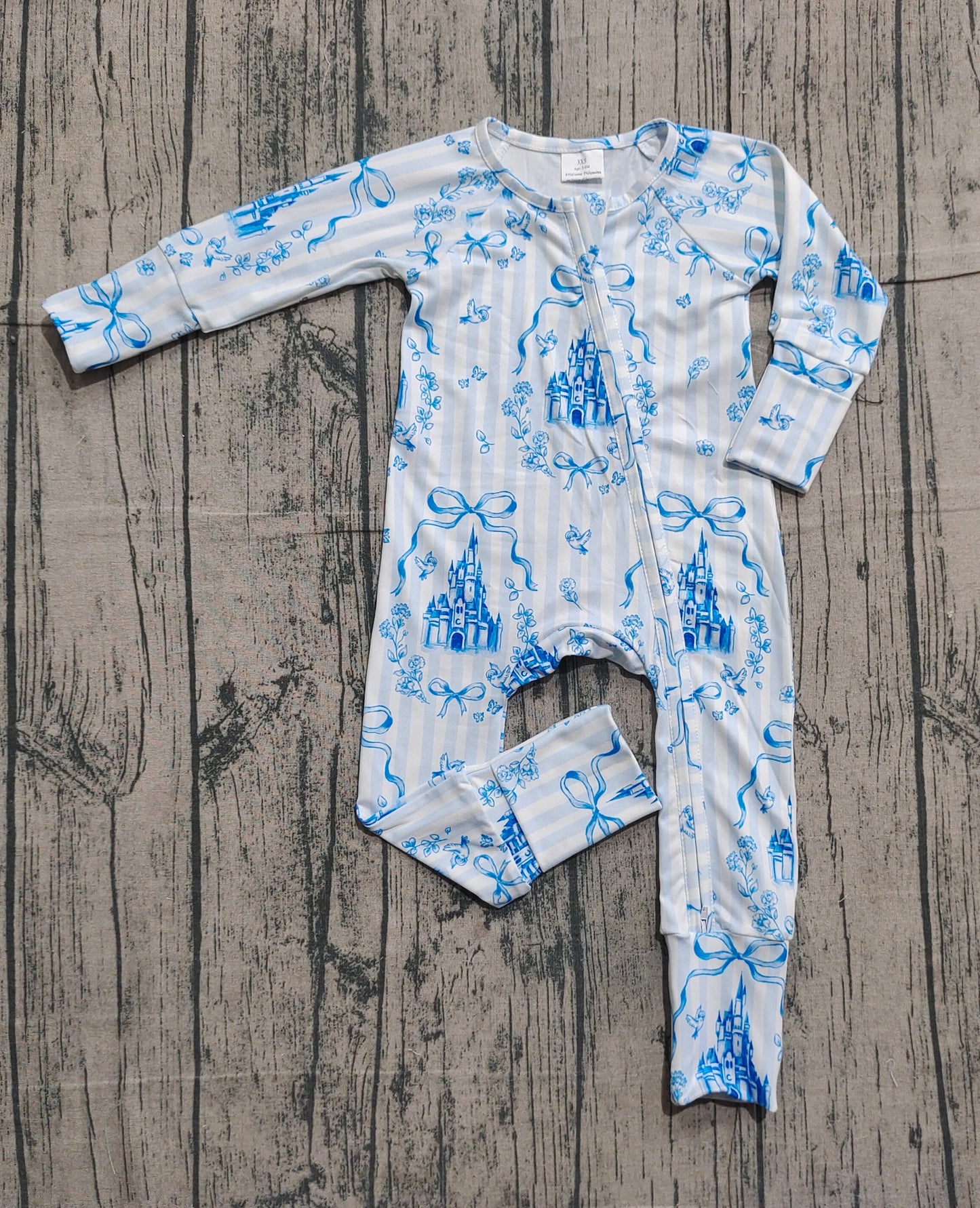 Baby Girls Blue Stripe Bows Castles Two Way Zip Convertible Rompers
