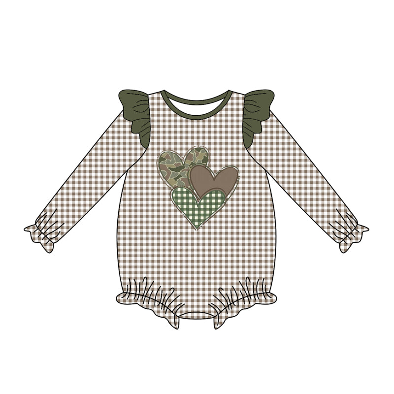Baby Girls Green Checked Camo Hearts Valentine Ruffle Rompers Preorder