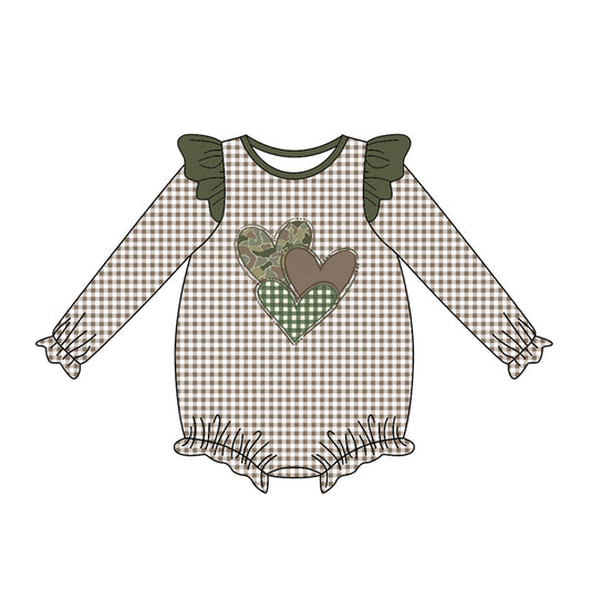 Baby Girls Green Checked Camo Hearts Valentine Ruffle Rompers Preorder