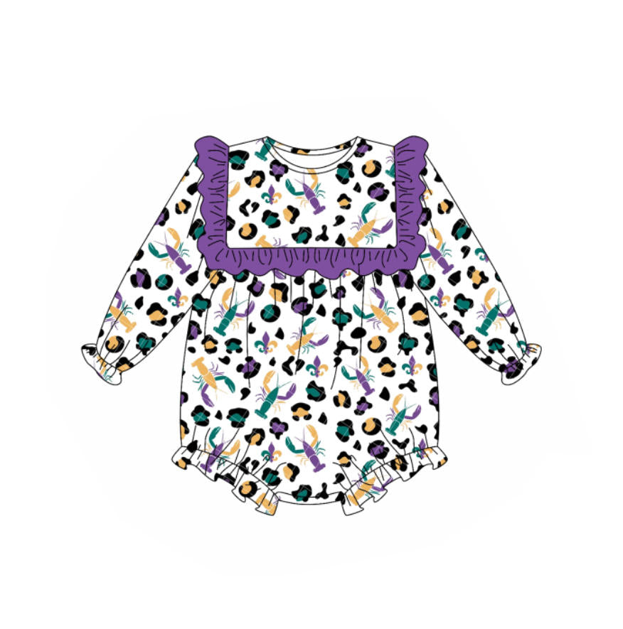 Baby Girls Mardi Gras Leopard Crayfishes Ruffle Rompers Preorder