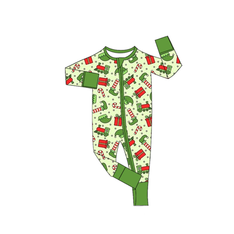 Baby Boys Green Hats Candy Cane Christmas Zipper Footie Rompers Preorder