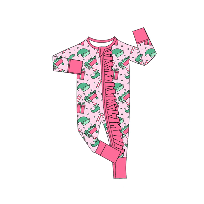 Baby Girls Hats Candy Cane Christmas Ruffle Zipper Footie Rompers Preorder
