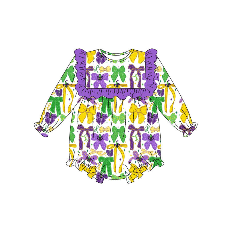 Baby Girls Purple Yellow Green Bows Mardi Gras Ruffle Rompers Preorder