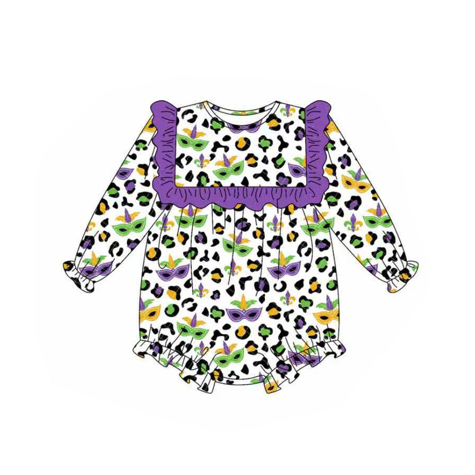 Baby Girls Purple Yellow Green Leopard Masks Mardi Gras Ruffle Rompers Preorder