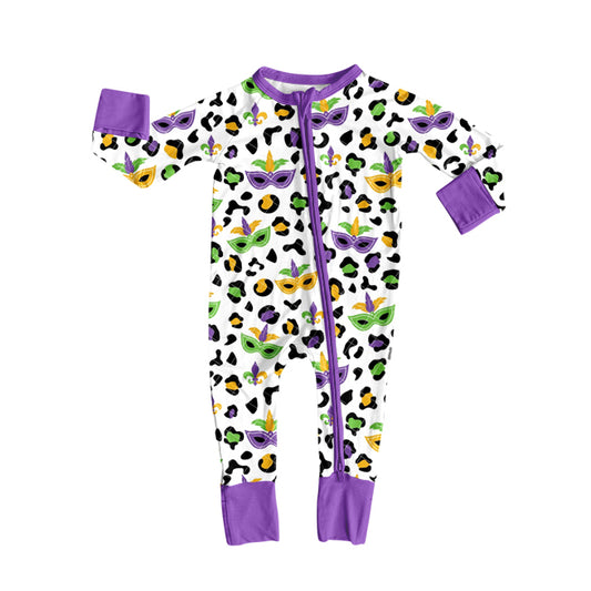 Baby Boys Purple Yellow Green Leopard Masks Mardi Gras Zipper Footie Rompers Preorder