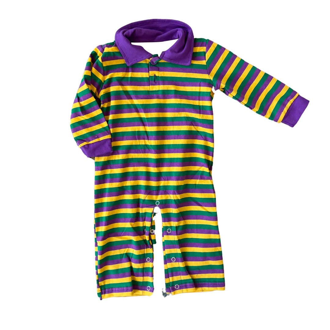Baby Girls Purple Yellow Green Stripe Button Mardigras Footie Romper Preorder