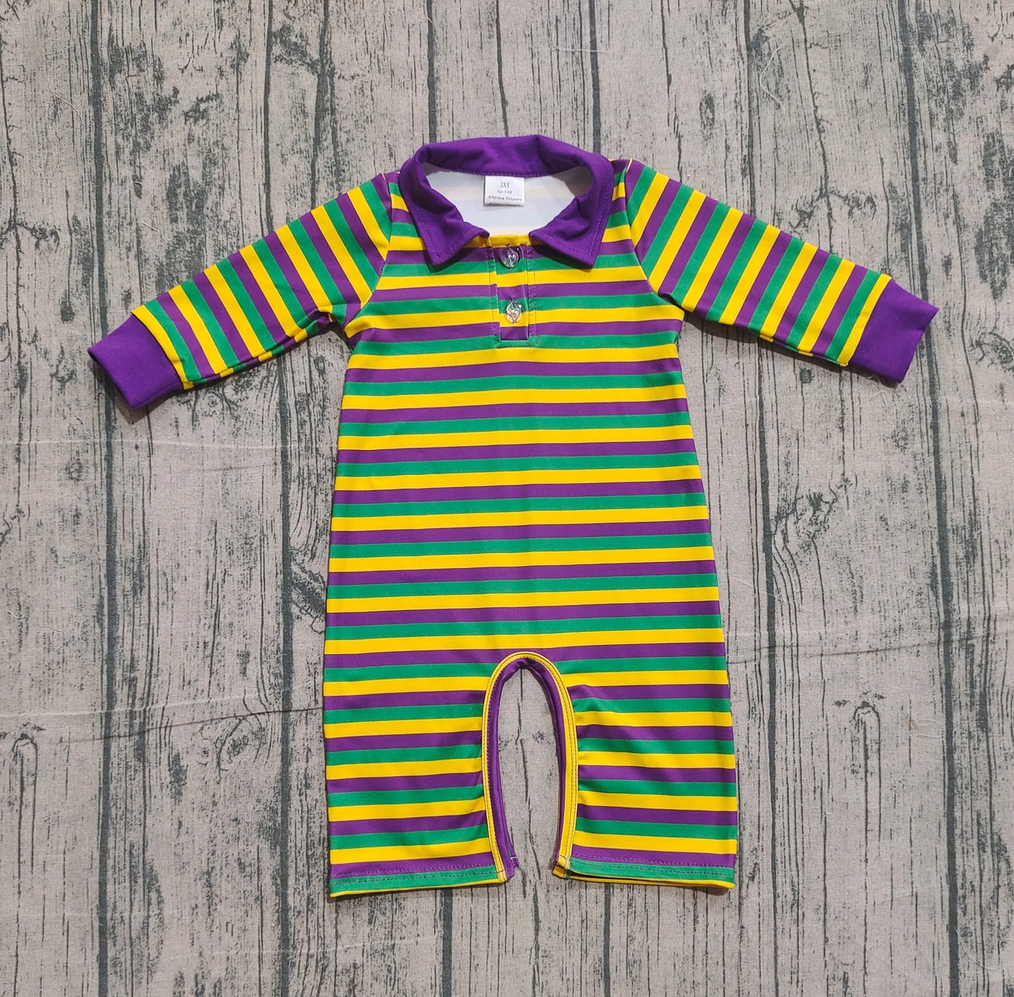Baby Girls Purple Yellow Green Stripe Button Mardigras Footie Romper Preorder