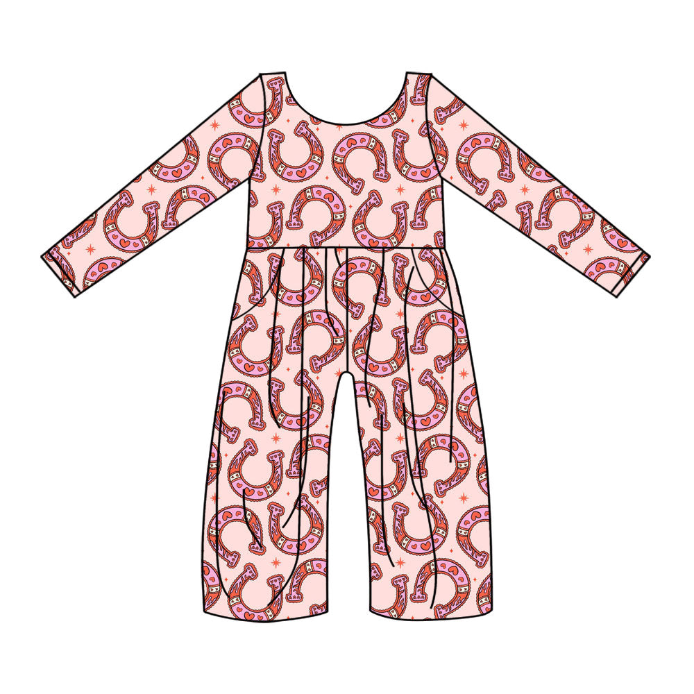 Baby Girls Pink Long Sleeve Horses Shoes Hearts Pockets Jumpsuits Preorder