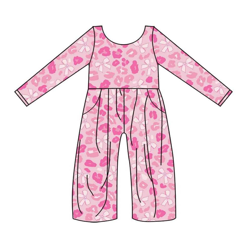 Baby Girls Pink Long Sleeve Bows Leopard Pockets Jumpsuits Preorder
