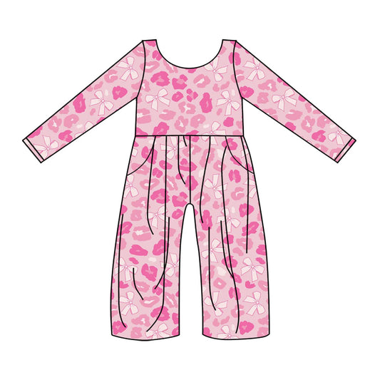 Baby Girls Pink Long Sleeve Bows Leopard Pockets Jumpsuits Preorder