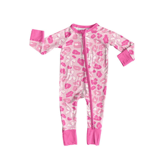 Baby Girls Pink Bows Leopard Zipper Footie Rompers Preorder