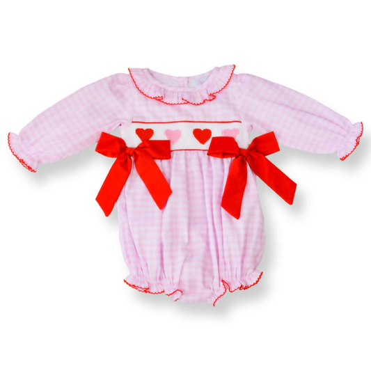 Baby Girls Pink Checked Hearts Bows Valentine Ruffle Rompers Preorder