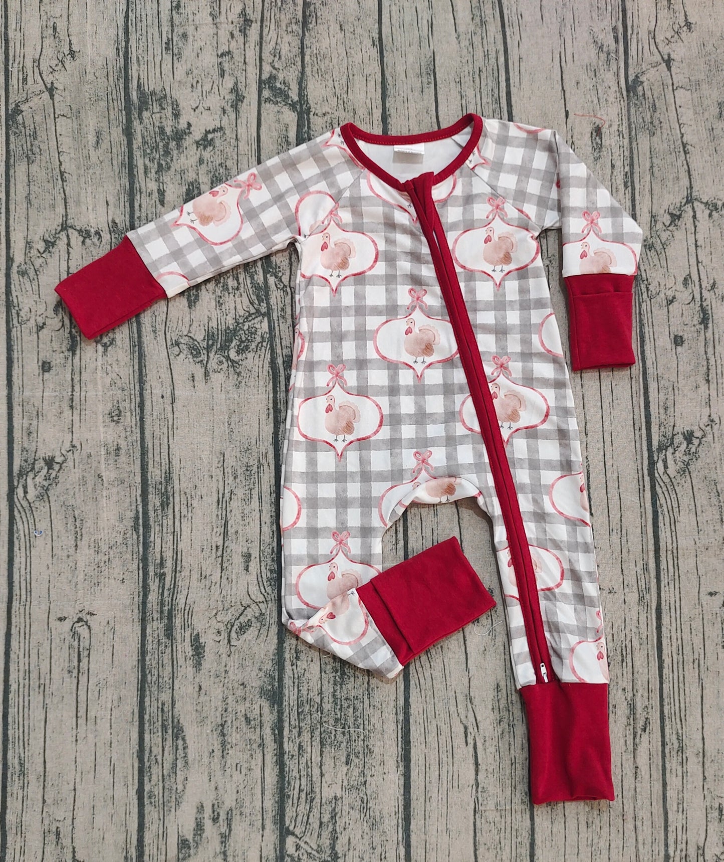 Baby Boys Turkey Checked Thanksgiving Zipper Footie Rompers