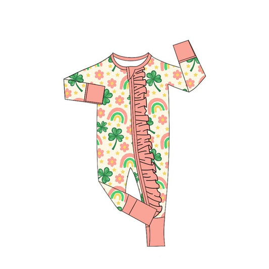 Baby Girls Clovers Flowers St Patrick Ruffle Zipper Footie Rompers Preorder