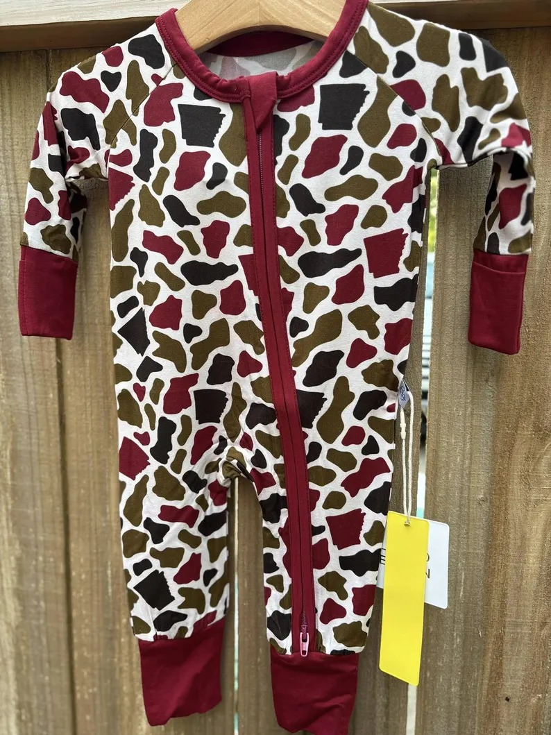 Baby Bows Red Brown Camo Western Zipper Footie Rompers Preorder