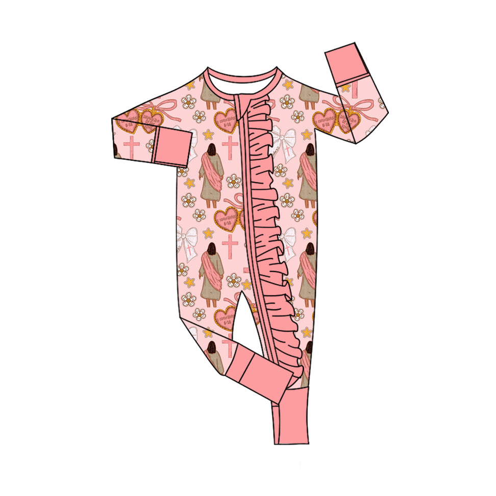 Baby Girls Pink Nativity Crosses Christmas Ruffle Zipper Footie Rompers Preorder