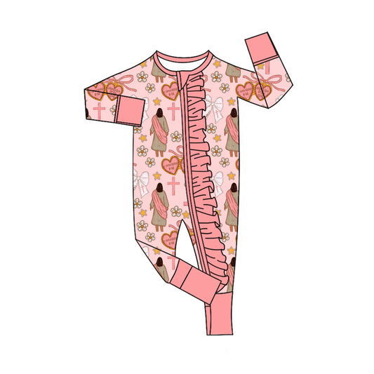 Baby Girls Pink Nativity Crosses Christmas Ruffle Zipper Footie Rompers Preorder