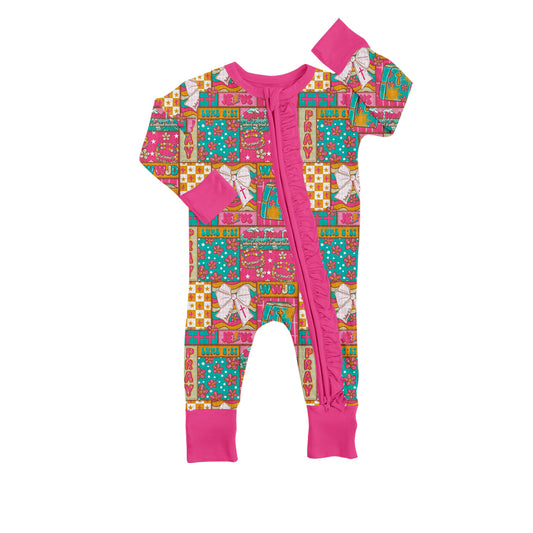 Baby Girls Pink Bows Flowers Checked Ruffle Zipper Footie Rompers Preorder
