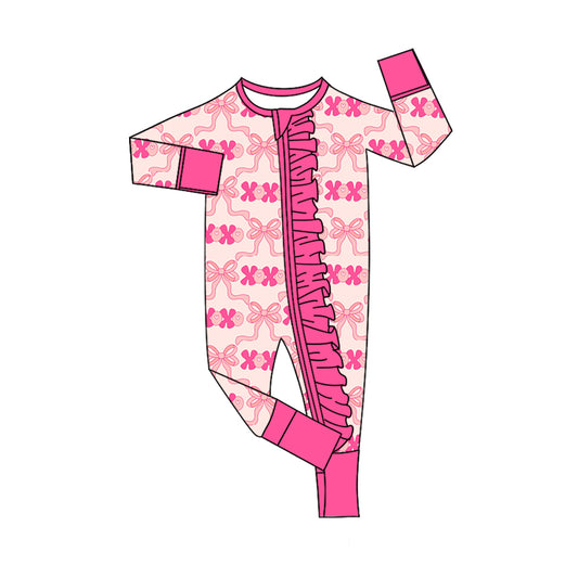 Baby Girls Pink Bows XOXO Valentine Ruffle Zipper Footie Rompers Preorder