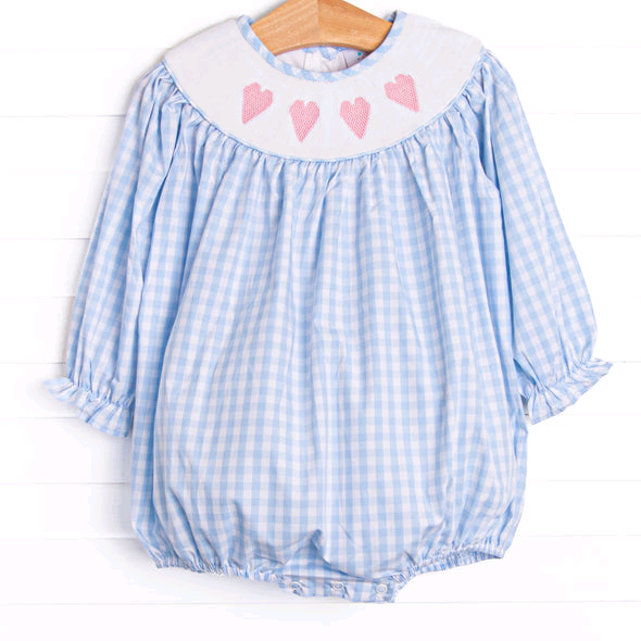 Baby Girls Blue Checked Hearts Valentine Ruffle Rompers Preorder